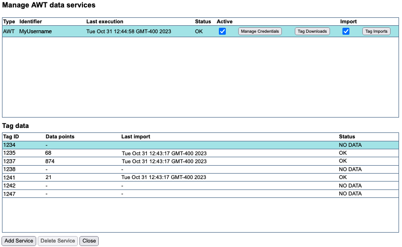 Manage AWT data services window.