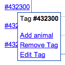 Image of popup menu that displays when you mouse over a tag ID