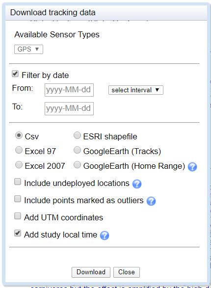 Image of window showing the options for Downloading tracking data, including sensor types, date range, and file format.