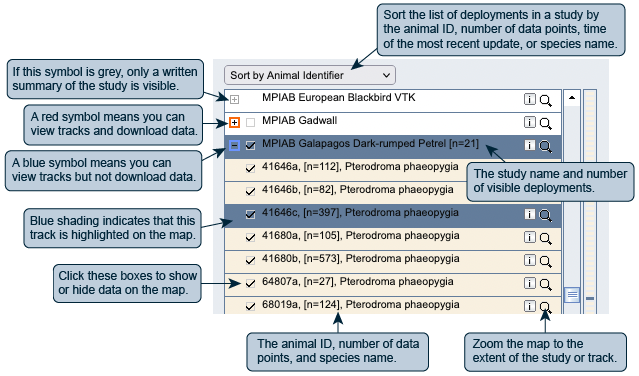 Image shows studies beinf sorted by animal identifier. If the plus symbol is grey, only a written summary of the study is visible. A red symbol means you can view tracks and download data. A blue symbol means you can view tracks but not download data. Blue chading indicates that this track is highlighted on the map. Click the check boxes to show or hide data on the map. Sort the list of deployments in a study by the animal ID, number of data points, time of the most recent update, or species name. The study name and number of visible deployments is displayed as shaded blue with a checked box. The animal ID, number of data points, and species name of the animals is displayed below the study. Click on the magnifying glass icon to zoom the map to the extent of the study or track.